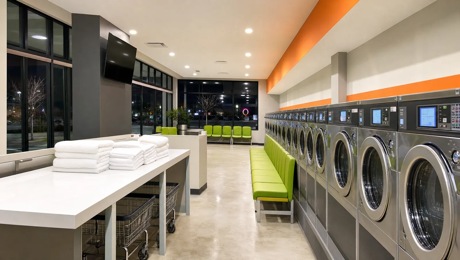 Bright laundromat interior with a long row of front-load washers with digital screens